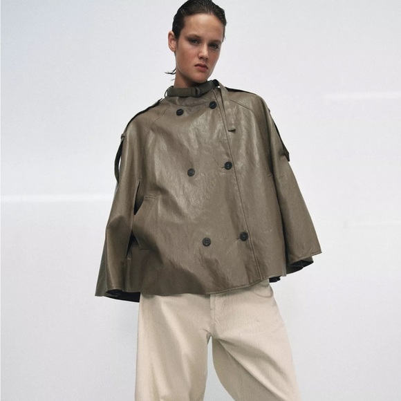 ZARA ZW COLLECTION FAUX LEATHER CAPE JACKET - Picture 2 of 11